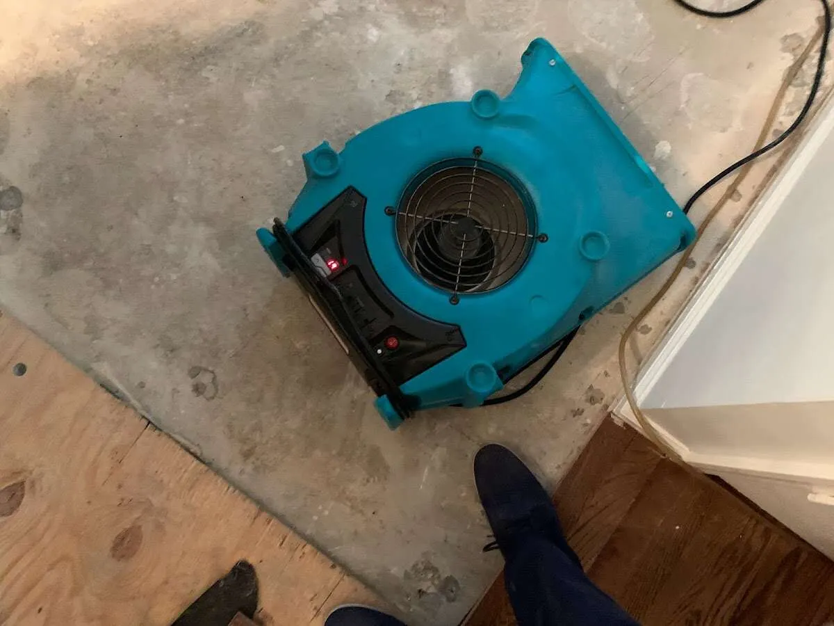 Air mover drying subfloor during Commercial Water Damage Restoration in Little Silver